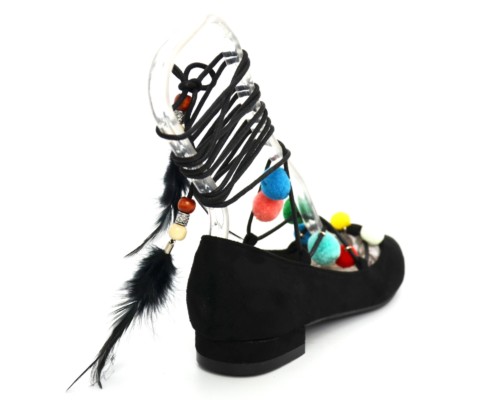 Ballerines-Effet-Daim-Uni-avec-Bout-Pointu-Petit-Talon-et-Lacet-Cordon-a-Nouer-Cheville-avec-Pompons-Multicolore-et-Plumes-Noir