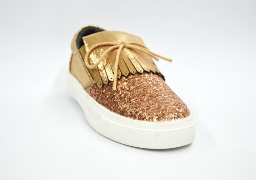 SHY40 * Baskets Slip-On Paillettes et Tissu Brillant avec Languette Franges et Noeud (Champagne) – Image 2