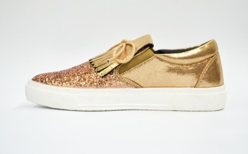 SHY40 * Baskets Slip-On Paillettes et Tissu Brillant avec Languette Franges et Noeud (Champagne) – Image 4