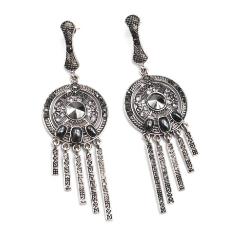 Boucles-dOreilles-Cercle-Barres-Metal-Vieilli-Argente-et-Pierres-Grises