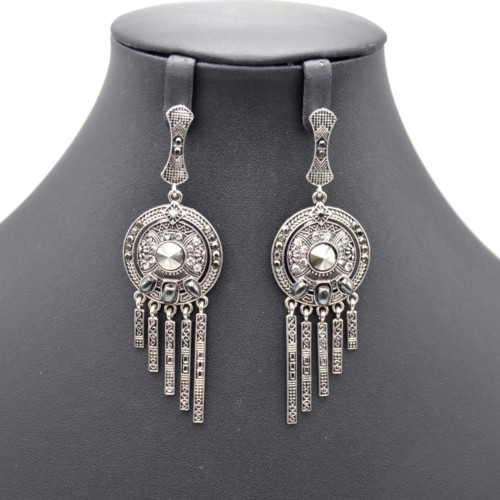 Boucles-dOreilles-Pendantes-Cercle-avec-Barres-Metal-Vieilli-Argente-et-Pierres-Grises