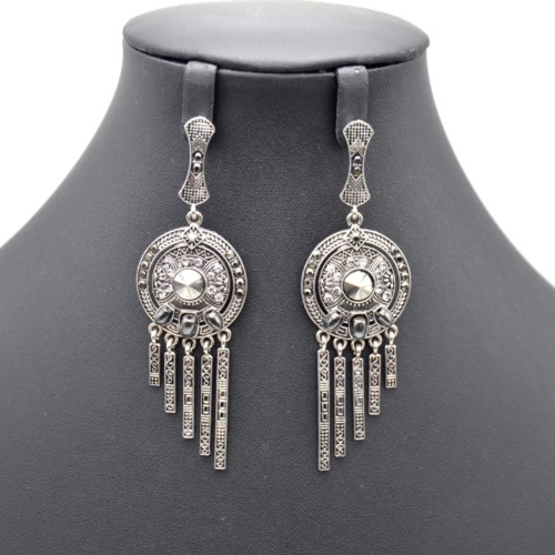 Boucles-dOreilles-Cercle-Barres-Metal-Vieilli-Argente-et-Pierres-Grises