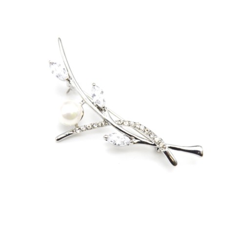 Broche-Branche-Metal-Argente-avec-Strass-Pierres-et-Perle-Ecru