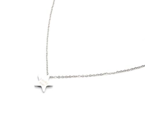 Collier-Fine-Chaine-Pendentif-Etoile-Acier-Argente-avec-Message-Lucky-Star