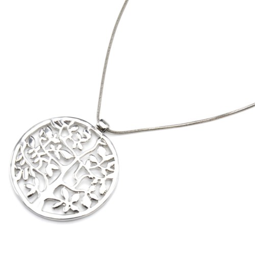 Collier-Chaine-Pendentif-Cercle-Arbre-de-Vie-Ajoure-Metal-Argente