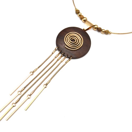 Collier-Ras-du-Cou-Pendentif-Cercle-Bois-Palissandre-avec-Spirale-et-Multi-Chaines-Metal-Dore