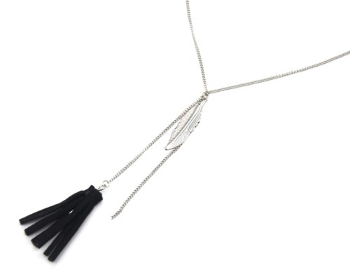 Collier-Fine-Chaine-Y-Pendentif-Plume-Metal-Argente-et-Pompon-Franges-Noir