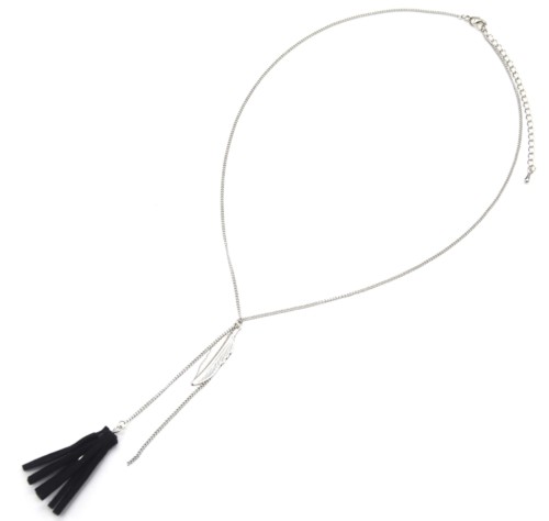 Collier-Fine-Chaine-Y-Pendentif-Plume-Metal-Argente-et-Pompon-Franges-Noir