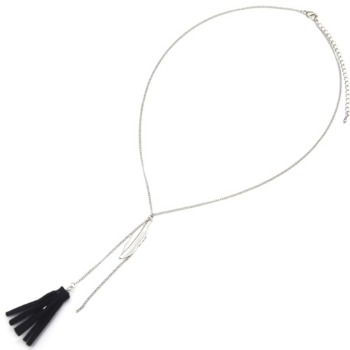 Collier-Fine-Chaine-Y-Pendentif-Plume-Metal-Argente-et-Pompon-Franges-Noir