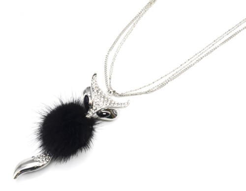 Sautoir-Collier-Pendentif-Renard-Strass-Metal-Argente-avec-Pompon-Noir