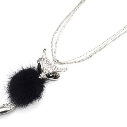 Sautoir-Collier-Pendentif-Renard-Strass-Metal-Argente-avec-Pompon-Noir