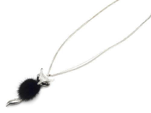 Sautoir-Collier-Pendentif-Renard-Strass-Metal-Argente-avec-Pompon-Noir