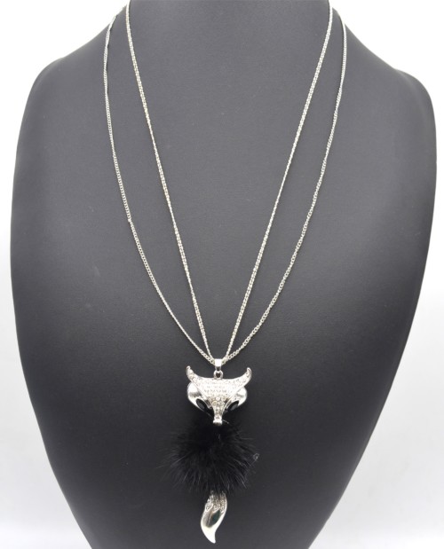 Sautoir-Collier-Pendentif-Renard-Strass-Metal-Argente-avec-Pompon-Noir