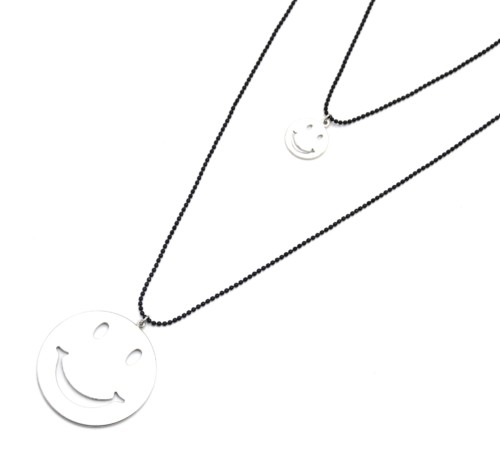 Sautoir-Collier-Double-Chaines-Noires-Pendentifs-Smiley-Metal-Argente