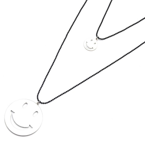 Sautoir-Collier-Double-Chaines-Noires-Pendentifs-Smiley-Metal-Argente