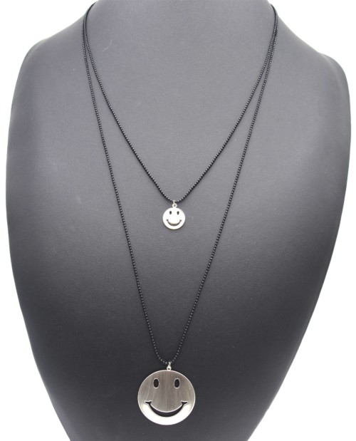 Sautoir-Collier-Double-Chaines-Noires-Pendentifs-Smiley-Metal-Argente