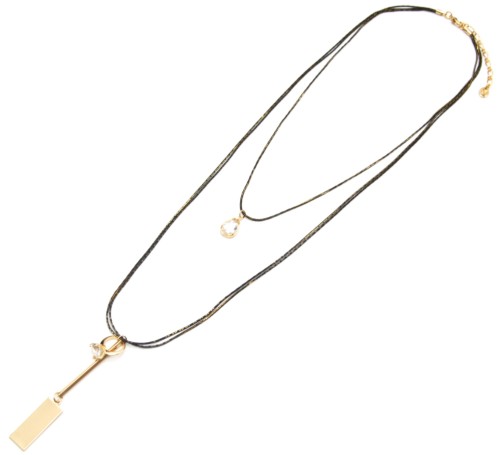 Sautoir-Collier-Double-Chaines-Pendentifs-Pierre-Bague-et-Rectangle-Metal-Dore