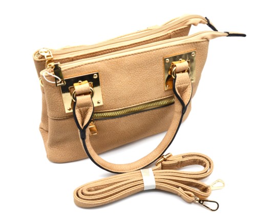 Mini-Sac-Main-Rectangle-Simili-Cuir-Beige-avec-Fermeture-Zip-et-Plaques-Carrees-Dore