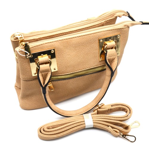 Mini bag-hand-Rectangle-leatherette-leather-Beige-with-zipper-zip-and-plates-squares-Dore