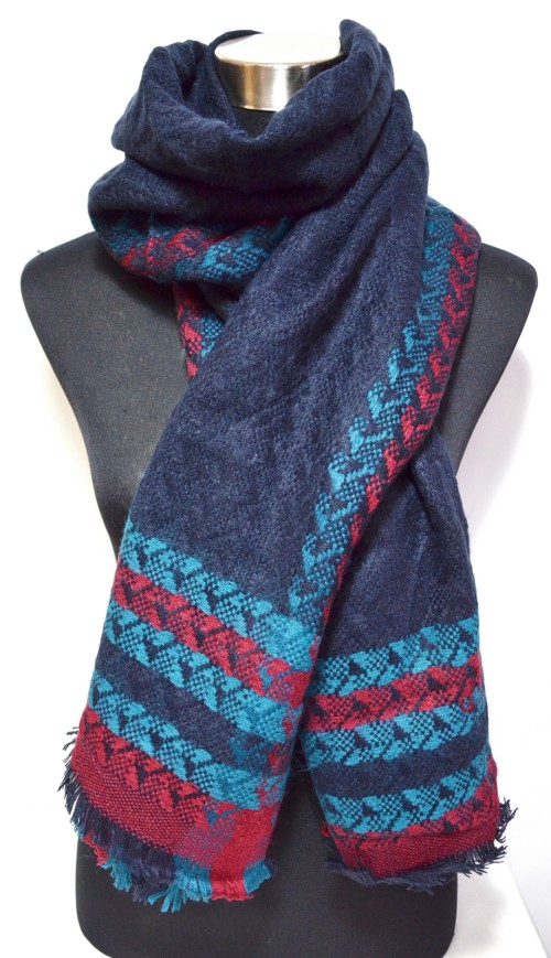 Echarpe-Longue-Automne-Hiver-Motif-Bandes-Croisees-Chevrons-Bleu-Marine