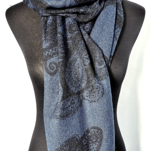 Echarpe-Longue-Automne-Hiver-Uni-Motif-Paisley-et-Arabesques-Bleu-Marine