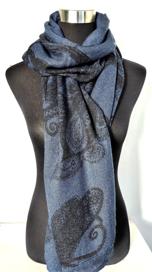 Echarpe-Longue-Automne-Hiver-Uni-Motif-Paisley-et-Arabesques-Bleu-Marine