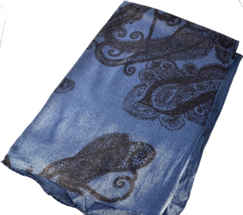 Echarpe-Longue-Automne-Hiver-Uni-Motif-Paisley-et-Arabesques-Bleu-Marine