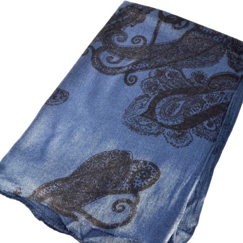 Echarpe-Longue-Automne-Hiver-Uni-Motif-Paisley-et-Arabesques-Bleu-Marine