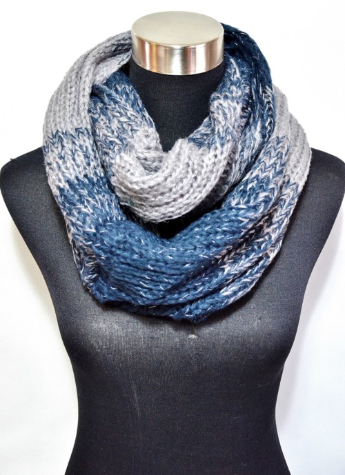 Echarpe-Snood-Tube-Tour-de-Cou-Automne-Hiver-Bicolore-Bleu-Gris-avec-Fils-Brillants-Argente