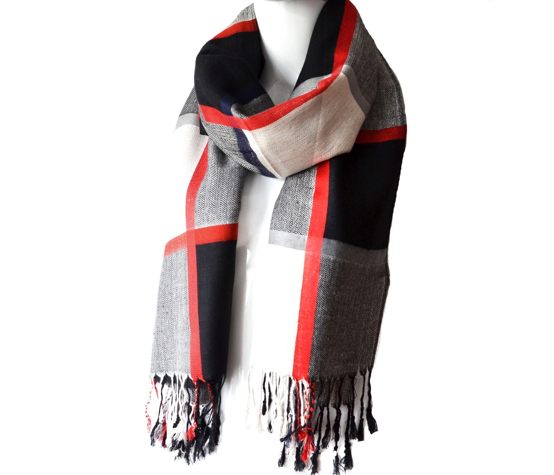 PSV28 Echarpe Longue Pashmina Automne Hiver Motif Carreaux Tartan Noir