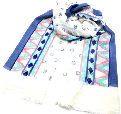 Foulard-Long-Printemps-Ete-Imprime-Motif-Fleurs-et-Bandes-Ethnique-Multicolore-Bleu