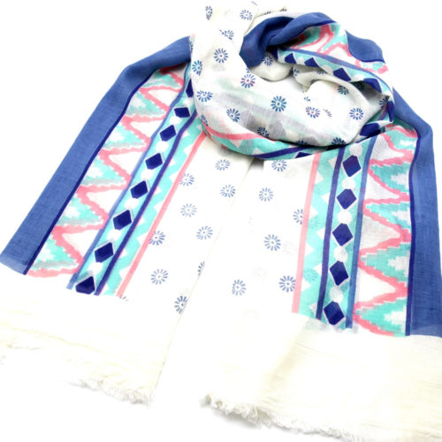 Foulard-Long-Printemps-Ete-Imprime-Motif-Fleurs-et-Bandes-Ethnique-Multicolore-Bleu