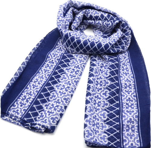 Foulard-Long-Printemps-Ete-Motif-Style-Mosaique-et-Carreaux-Bleu-Marine