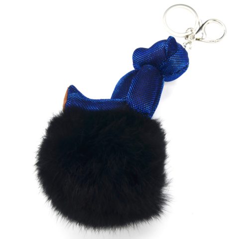 Porte-Cles-Bijou-de-Sac-Ourson-XXL-Tissu-Brillant-Bleu-et-Pompon-Noir