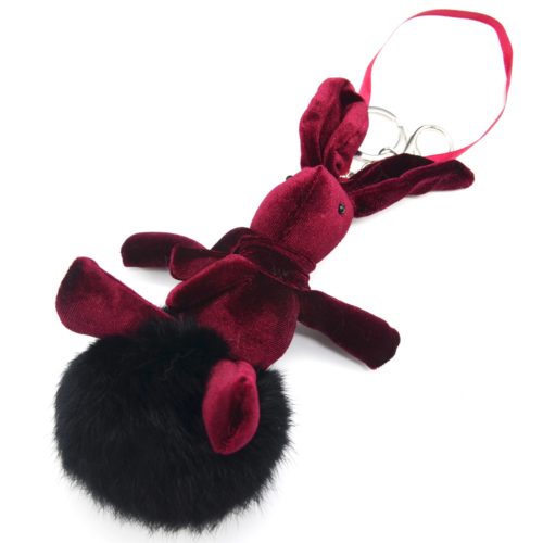 Porte-Cles-Bijou-de-Sac-Lapin-XXL-Velours-Bordeaux-avec-Pompon-Fourrure-Synthetique-Noir