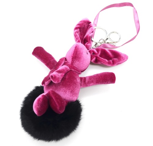 Porte-Cles-Bijou-de-Sac-Lapin-XXL-Velours-Rose-avec-Pompon-Fourrure-Synthetique-Noir