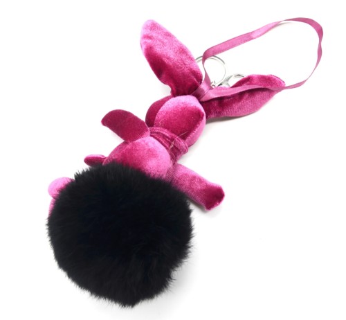 Porte-Cles-Bijou-de-Sac-Lapin-XXL-Velours-Rose-avec-Pompon-Fourrure-Synthetique-Noir