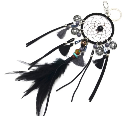 Porte-Cles-Bijou-de-Sac-Attrape-Reves-Dreamcatcher-avec-Pompons-et-Plume-Ethnique-Noir