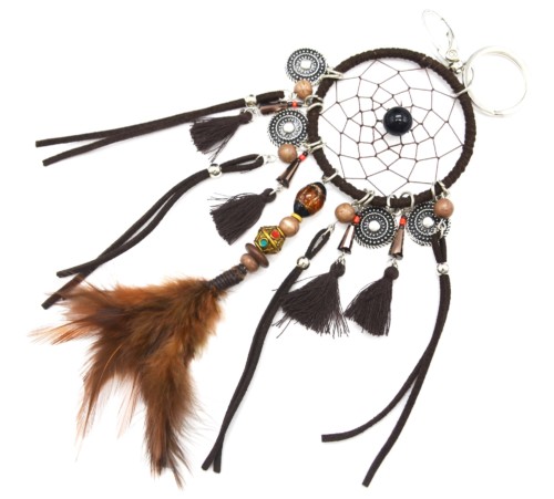 Porte-Cles-Bijou-de-Sac-Attrape-Reves-Dreamcatcher-avec-Pompons-et-Plume-Ethnique-Marron