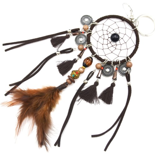 Porte-Cles-Bijou-de-Sac-Attrape-Reves-Dreamcatcher-avec-Pompons-et-Plume-Ethnique-Marron