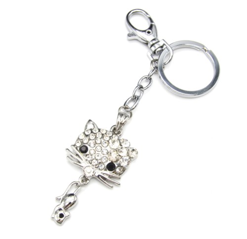 Porte-Cles-Bijou-de-Sac-Tete-Chat-Strass-avec-Souris-Metal-Argente