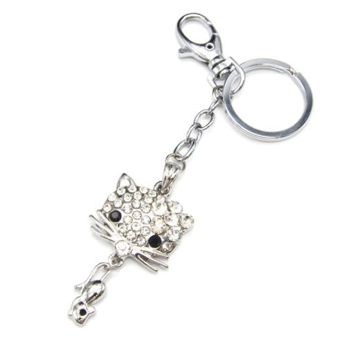 Porte-Cles-Bijou-de-Sac-Tete-Chat-Strass-avec-Souris-Metal-Argente