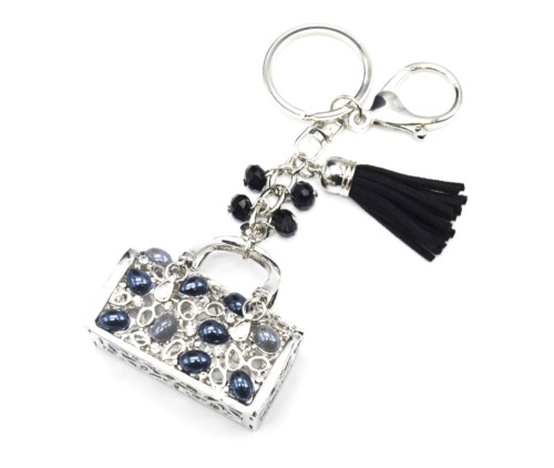 Porte-Cles-Bijou-de-Sac-Sac-Rectangle-Ajoure-Metal-Argente-Orne-de-Pierres-Grises-et-Strass-avec-Pompon