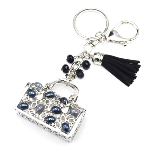 Porte-Cles-Bijou-de-Sac-Sac-Rectangle-Ajoure-Metal-Argente-Orne-de-Pierres-Grises-et-Strass-avec-Pompon