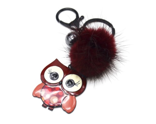 Porte-Cles-Bijou-de-Sac-Chouette-Metal-Peint-Bordeaux-avec-Pompon