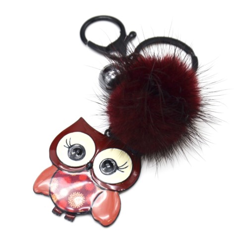 Porte-Cles-Bijou-de-Sac-Chouette-Metal-Peint-Bordeaux-avec-Pompon