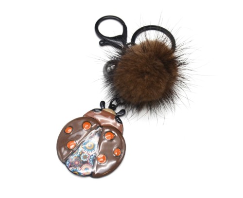 Porte-Cles-Bijou-de-Sac-Coccinelle-Metal-Peint-Marron-avec-Pompon