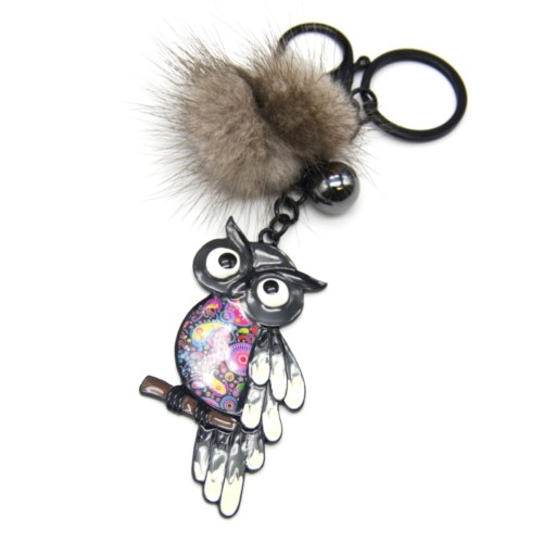 Porte-Cles-Bijou-de-Sac-Hibou-Metal-Peint-Gris-avec-Branche-et-Pompon