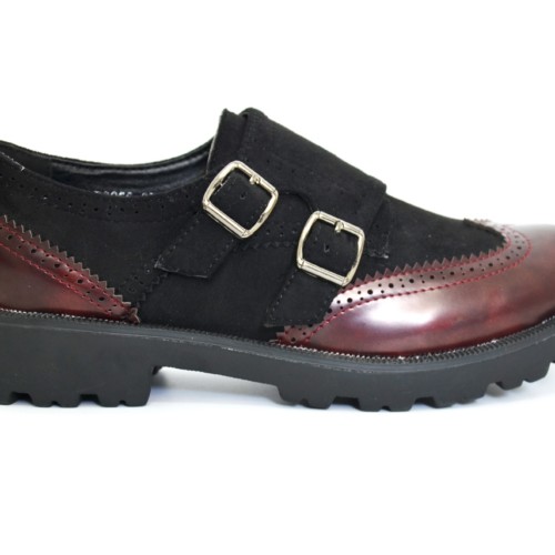Derbies-Derby-effect-suede-and-varnished-perforated-with-overbites-and-Double-loops-Black-Bordeaux
