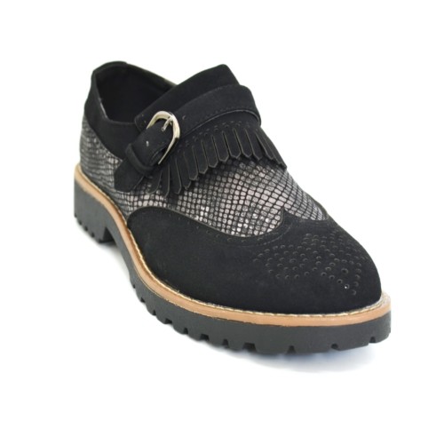 Derbies-Derby-effect-suede-perforated-and-scales-satinees-with-overbites-fringes-and-buckle-black